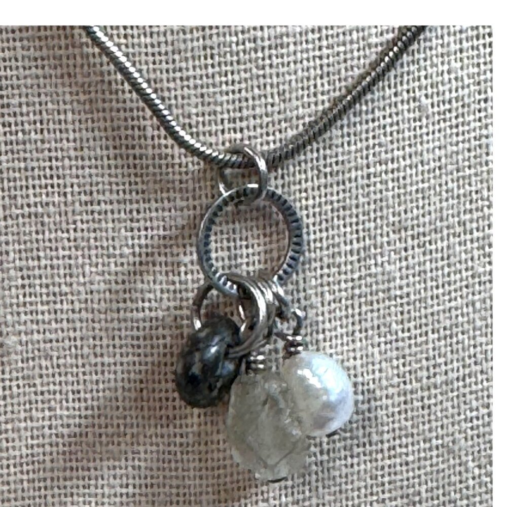 Sterling Silver Italy Snake Chain Necklace W/ Pearl & Stone Charms 16" Italian